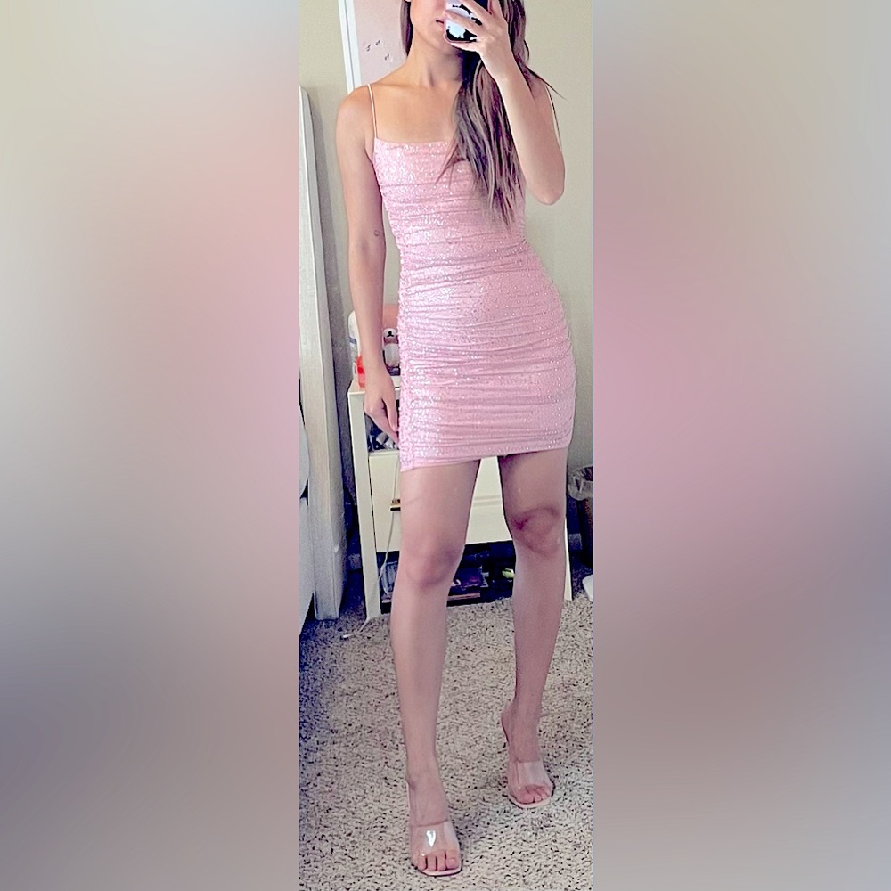 Ruched Mesh Embellished Mini Dress in Blush